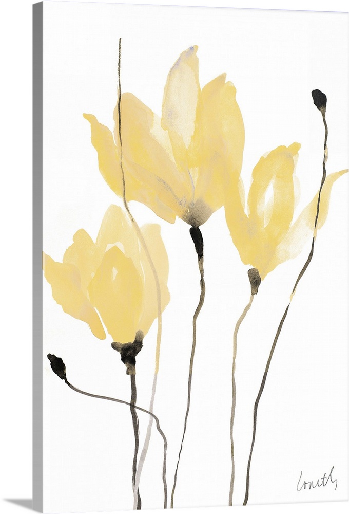 A watercolor painting of three yellow flowers with thin stems.