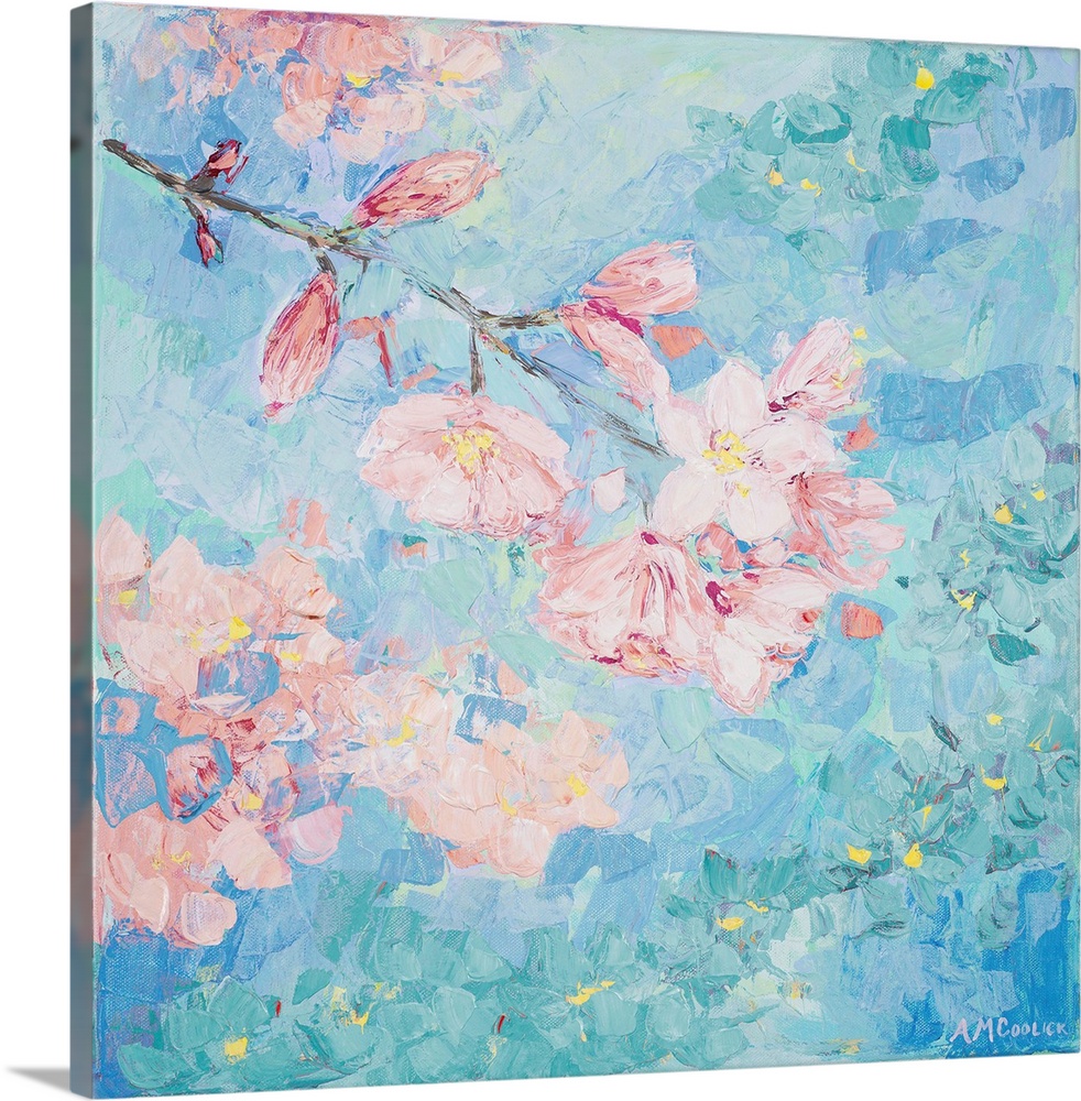 Contemporary painting of little pink flowers on the ends of branches against a blue background.