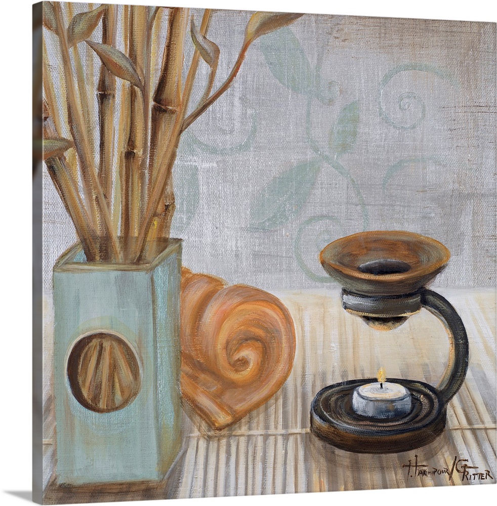 Square acrylic still life painting of bamboo, incense and objects suggesting serenity and calmness.