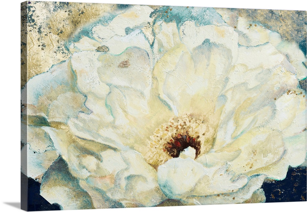 Contemporary artwork of a fluffy white peony flower with speckling textures throughout.