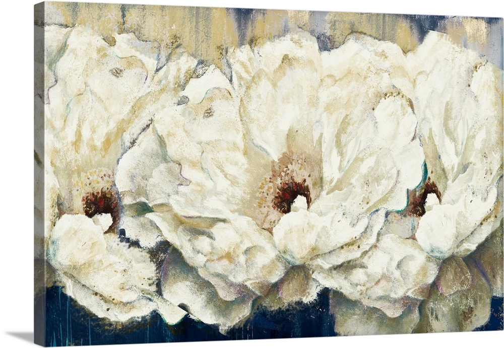 Contemporary artwork of fluffy white peony flowers with speckling textures throughout.