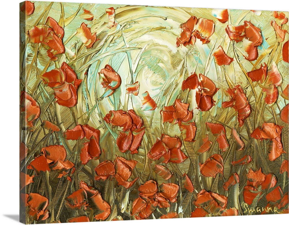 Abstract painting of amber poppies in a field with a light green, blue, and yellow background.