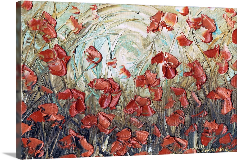 Contemporary painting of amber poppies in a field with yellow and light blue hues in the background.