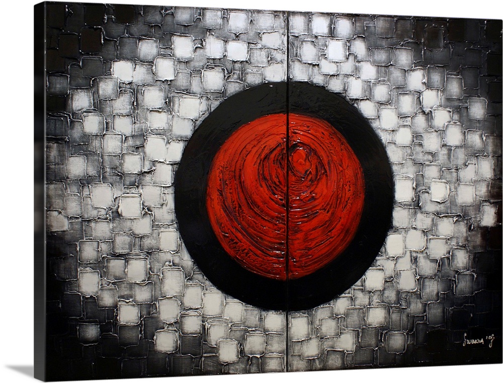 Abstract painting with a large red circle in the center inside of a larger black circle with layered white and gray square...