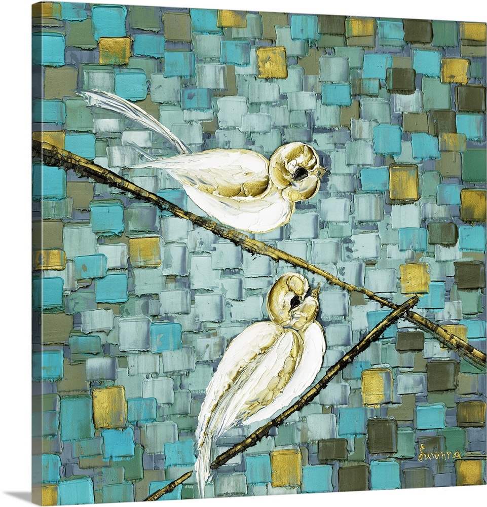 White Love Birds on a Branch - Impressionist Abstract