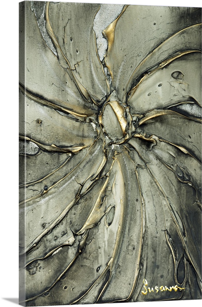 Abstract painting with thick curved lines meeting together at a circle in the middle in gold and silver hues.