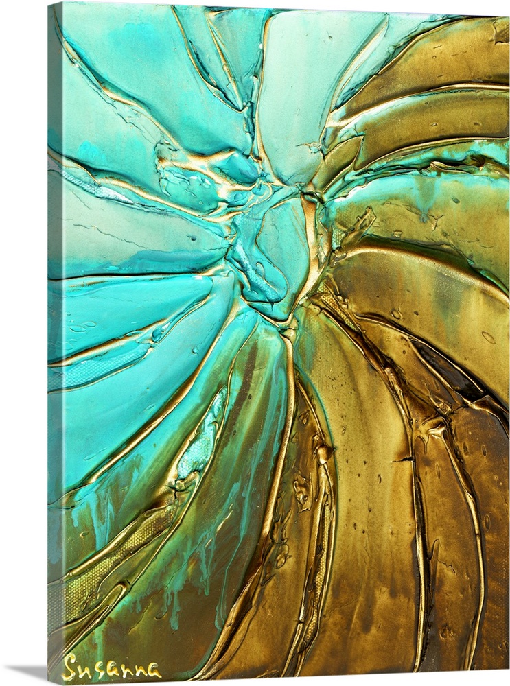 Light blue and gold abstract painting with thick lines creating texture and movement.