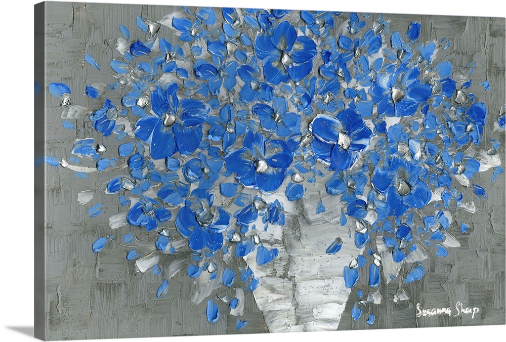 Contemporary painting of a bouquet of blue flowers with silver highlights in a white vase with a gray textured background.