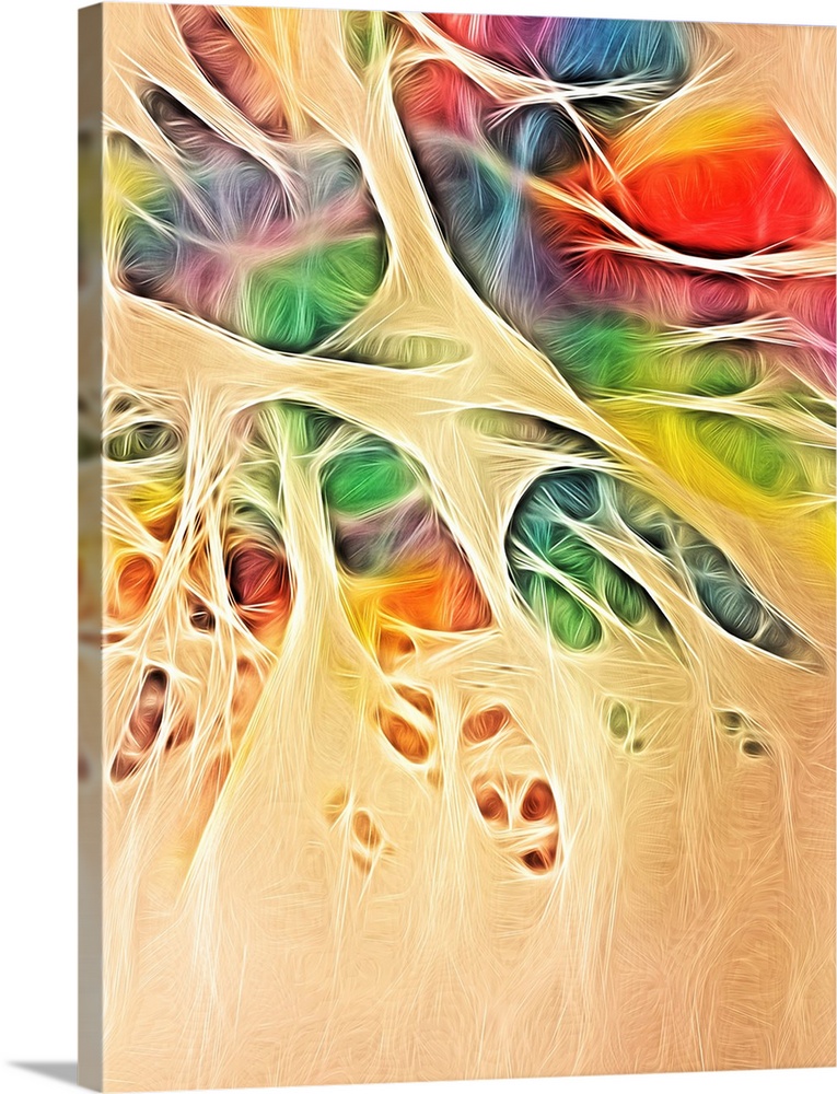 Large abstract digital illustration with all of the colors of the rainbow in shapes on a neutral colored background.