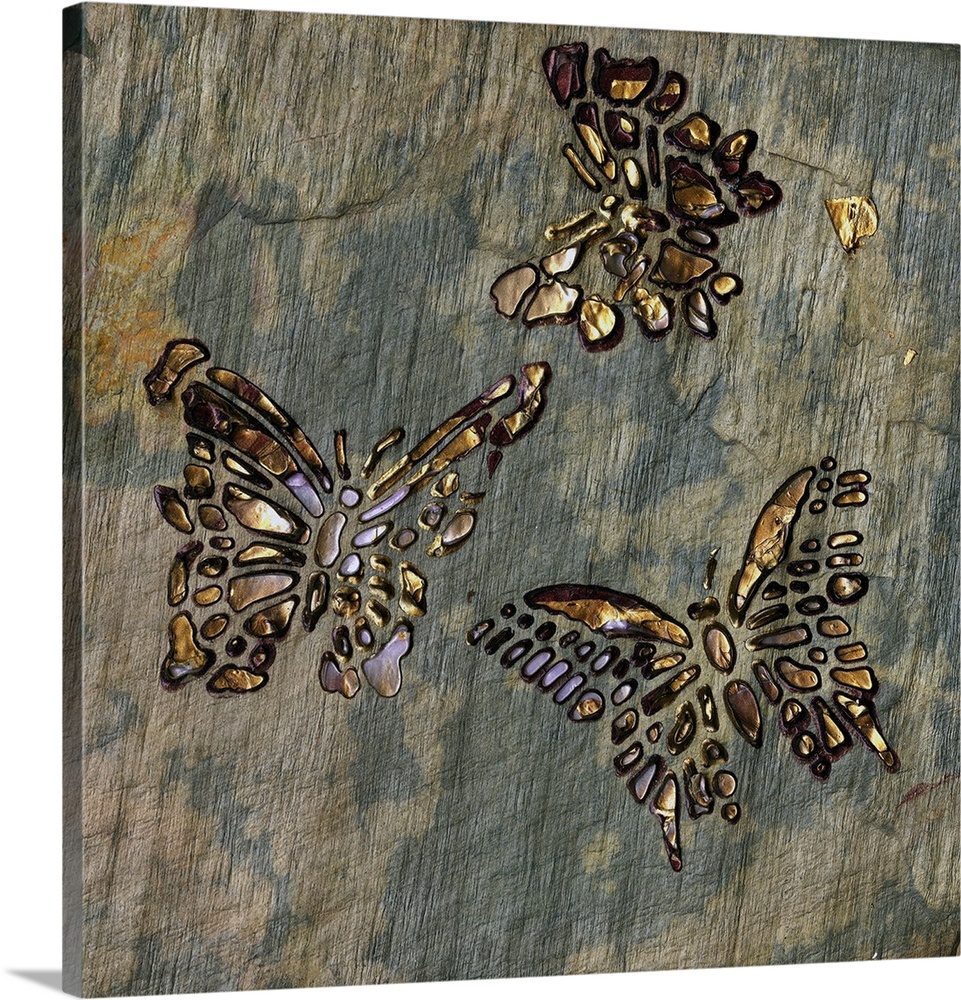 Square painting with three butterflies made out of non connecting shapes, in gold and lavender shiny hues on a stone textu...
