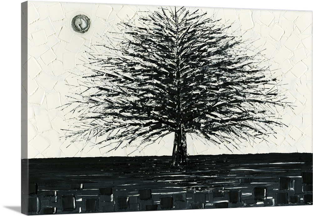 Black and white tree landscape with layers of squares in the background.