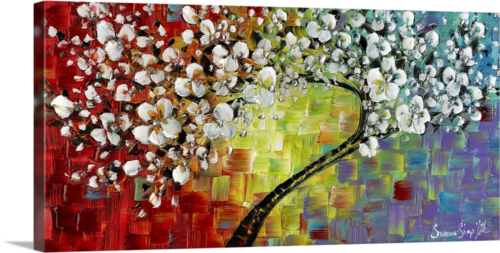 White cherry blossom tree on a multicolored background created with square-like brushstrokes.
