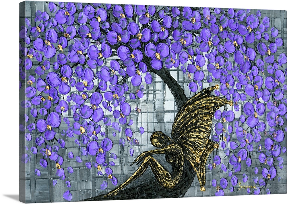 Black and gold forest warrior dark fairy resting under a magic purple cherry blossom tree with a textured grid in the back...