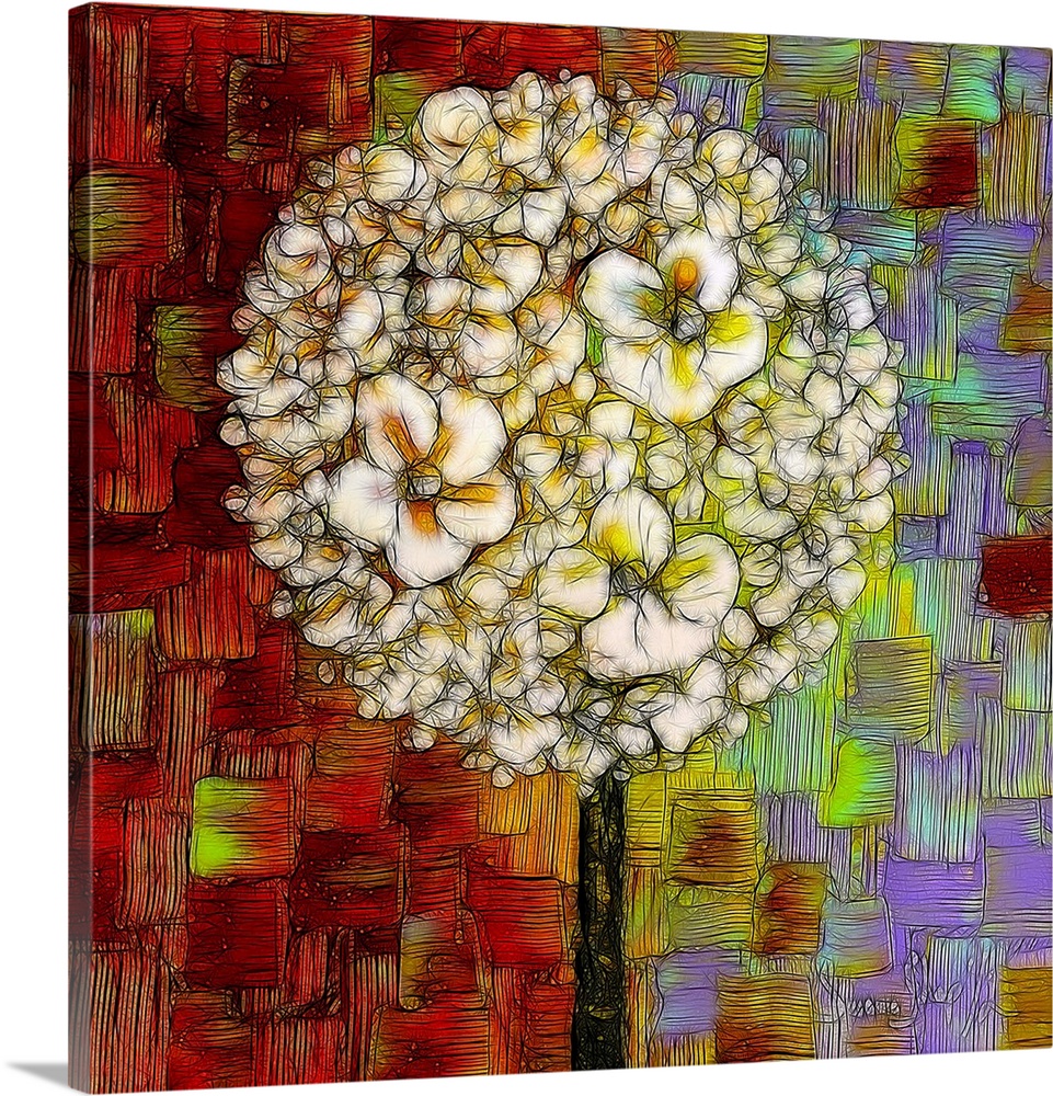 Square digital illustration of a white blossom lollipop tree on a colorful background created with layered squares in red,...