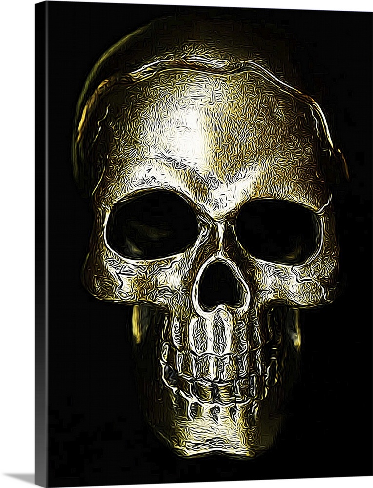 Black, gold, and white digital illustration of a skull with detailed textures.