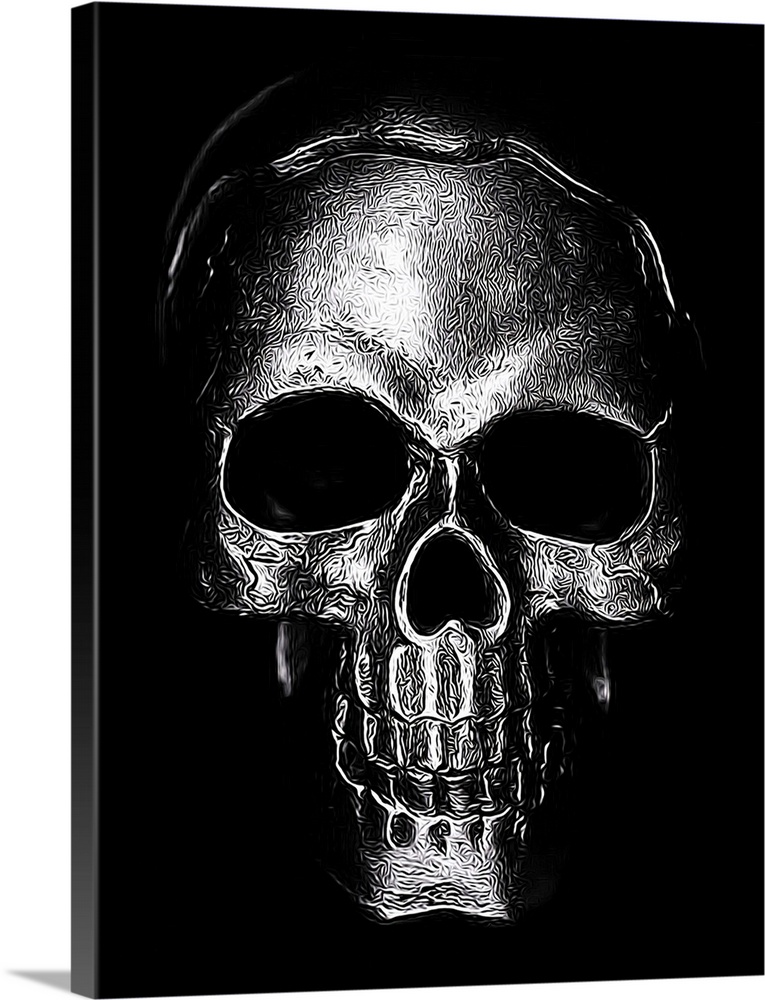 Black and white digital illustration of a skull with detailed textures.