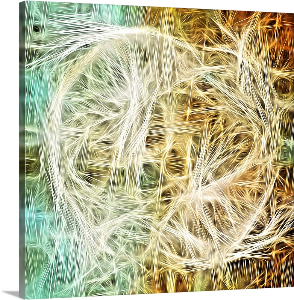 Square abstract art with thin lines intertwining together in shades of blue, green, cream, orange, and gold.