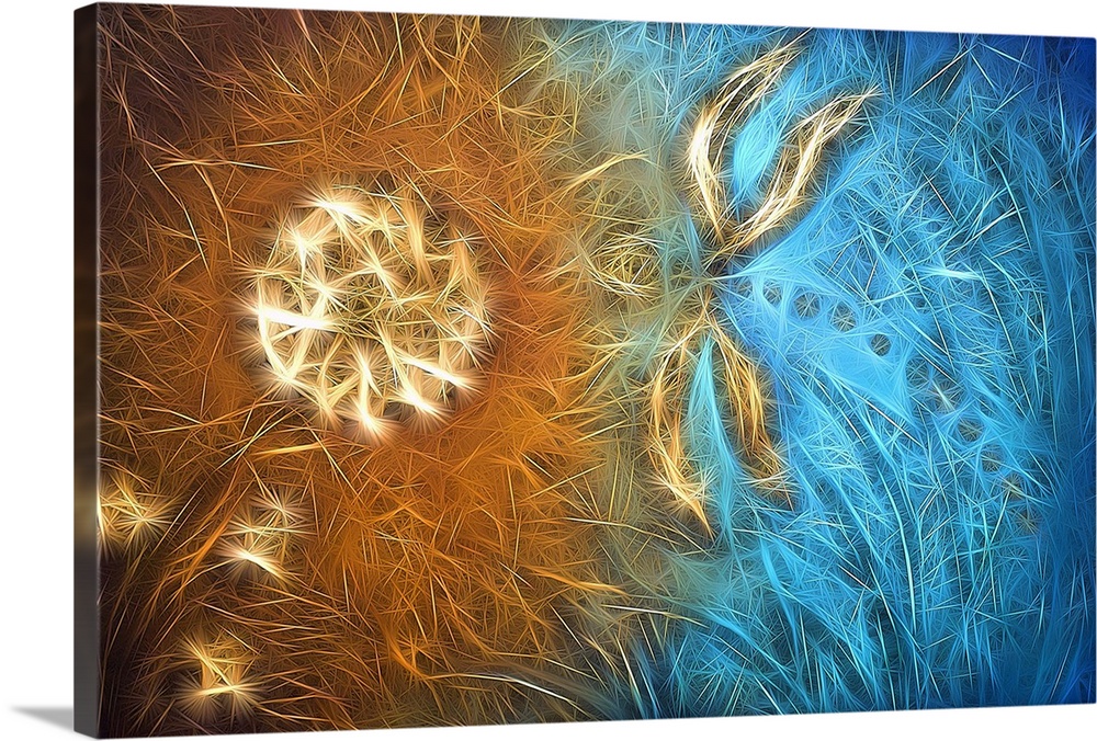 Digital abstract art in blue and copper with a dragonfly flying towards a flower.