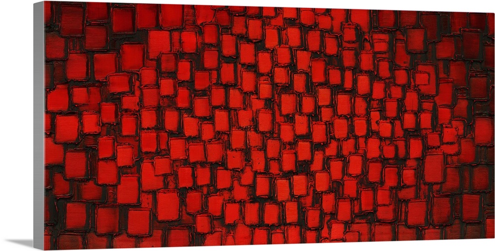 Large abstract painting with bright red square layered on top of each other with dark black highlights creating depth.
