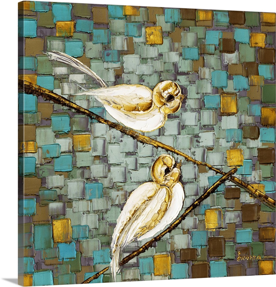 Square painting with two birds perched on thin gold branches on a background created with layered squares in blue, gray, g...