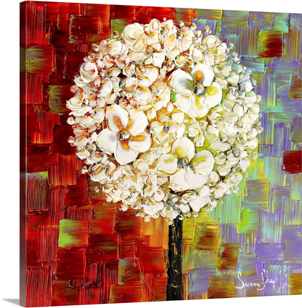 Square painting of a white blossom lollipop tree on a colorful background created with layered square brushstrokes in red,...