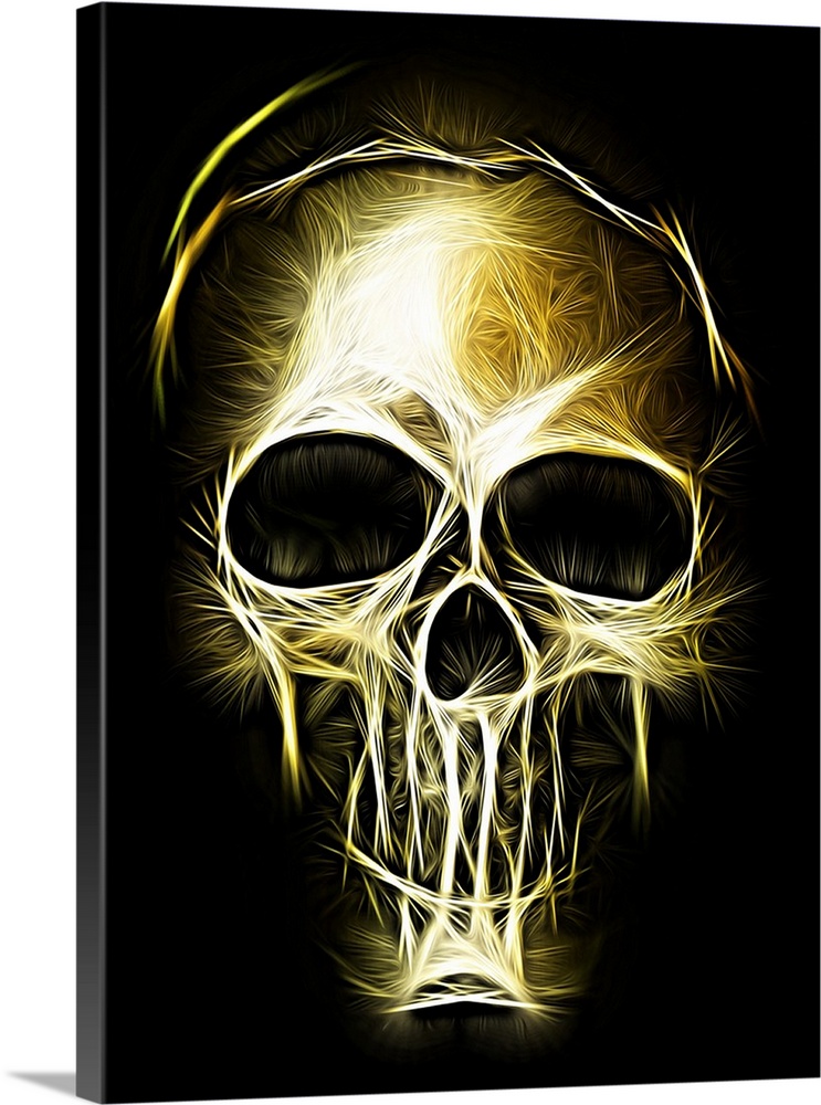 Black, gold and white digital illustration of a skull with electrifying lines.