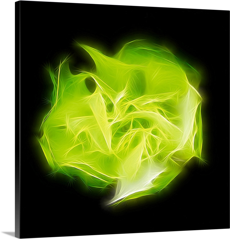 Square digital art with a bright green shape representing chakra, made with intertwining lines in the center of a solid bl...