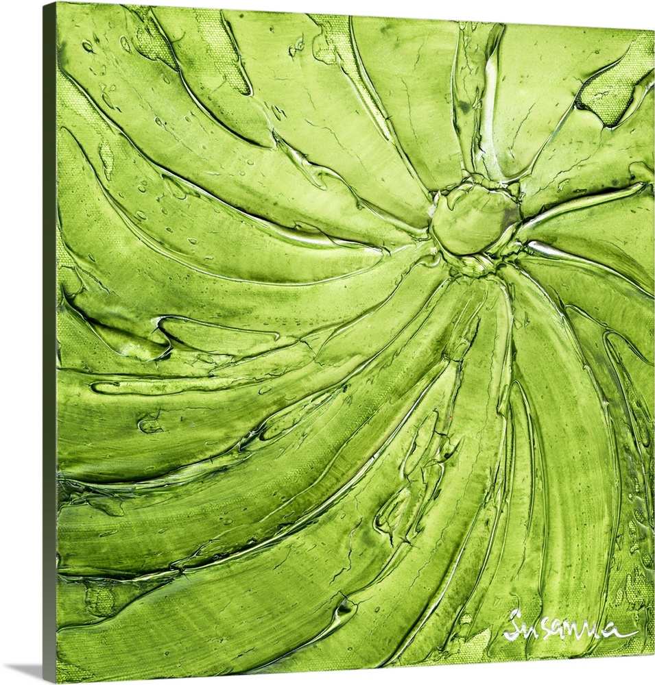 Square abstract painting with thick curved lines meeting together at a circle in bright green and silver hues.