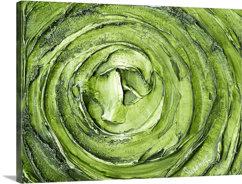 Large abstract painting with thick circular strokes and layers of paint in bright green and silver.