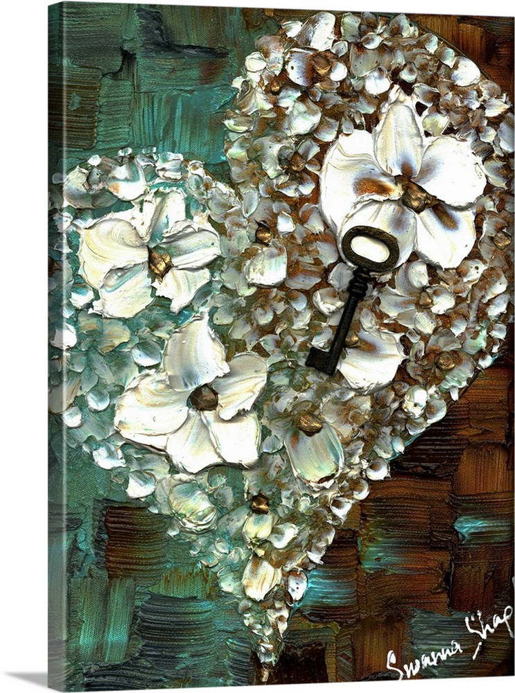 Contemporary painting of a heart created with white flowers layered together with larger flowers in the middle with an ant...