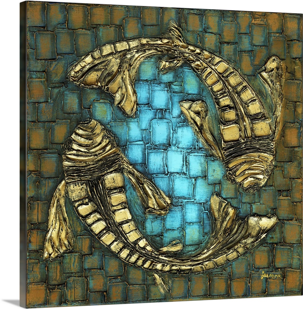 Abstract Koi Fish - Blue Brown Gold- Impressionist Fine Art.