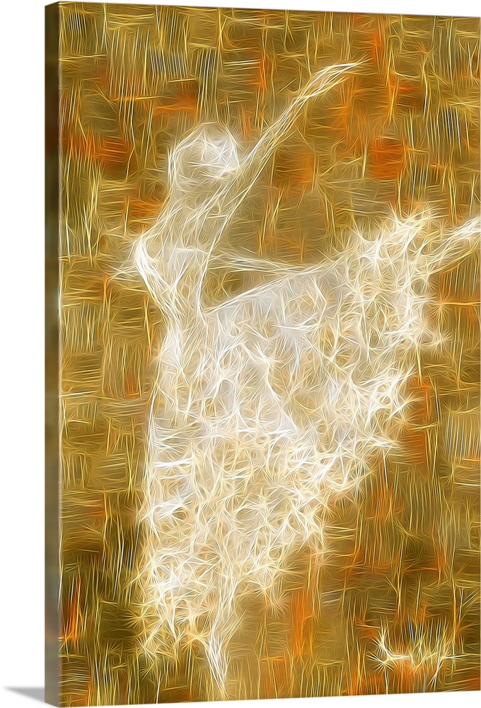 Large digital illustration of a ballerina created with thin, woven lines on a gold and orange background.