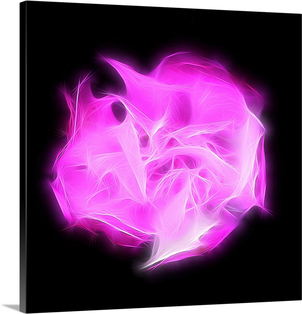 Square digital art with a bright pink shape representing chakra, made with intertwining lines in the center of a solid bla...