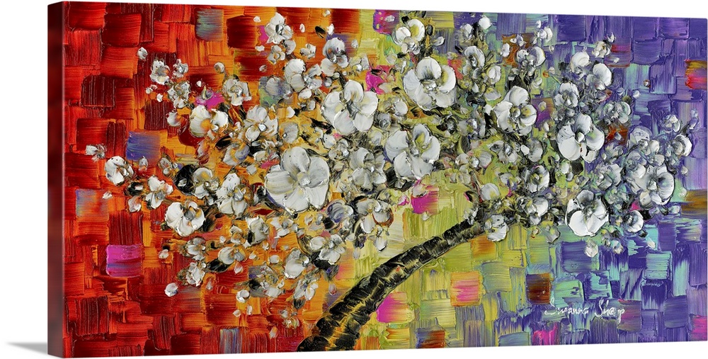 Contemporary painting of a white blossom cherry tree on a colorful background created with red, orange, yellow, purple, an...