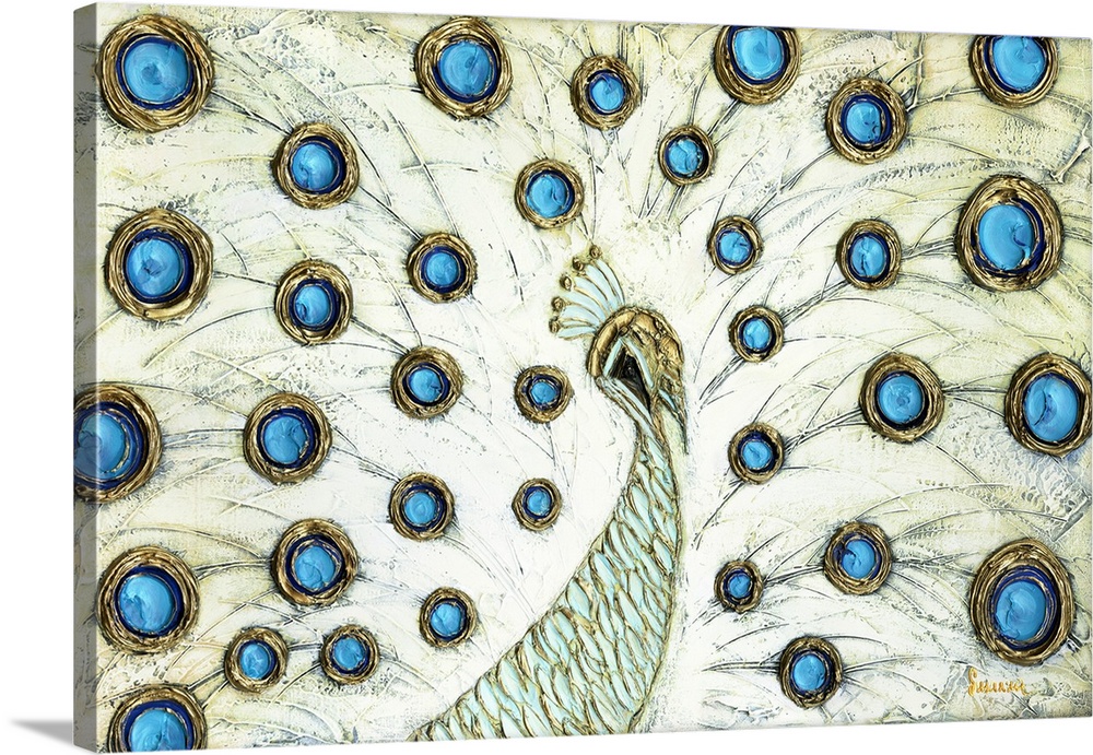 White Peacock with blue and gold circular markings on its feathers in an impressionist style.