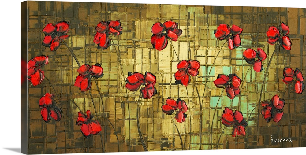 Contemporary red poppies on an abstract brown, gold, and blue background.