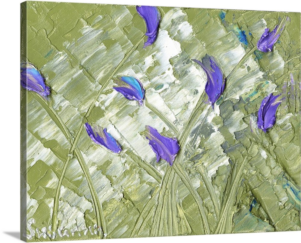Large abstract painting with purple tulips on sage green background.