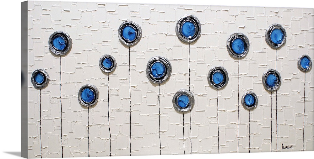 Wide abstract painting with blue, silver, and black layered circles with thin stems running to the bottom of the canvas on...