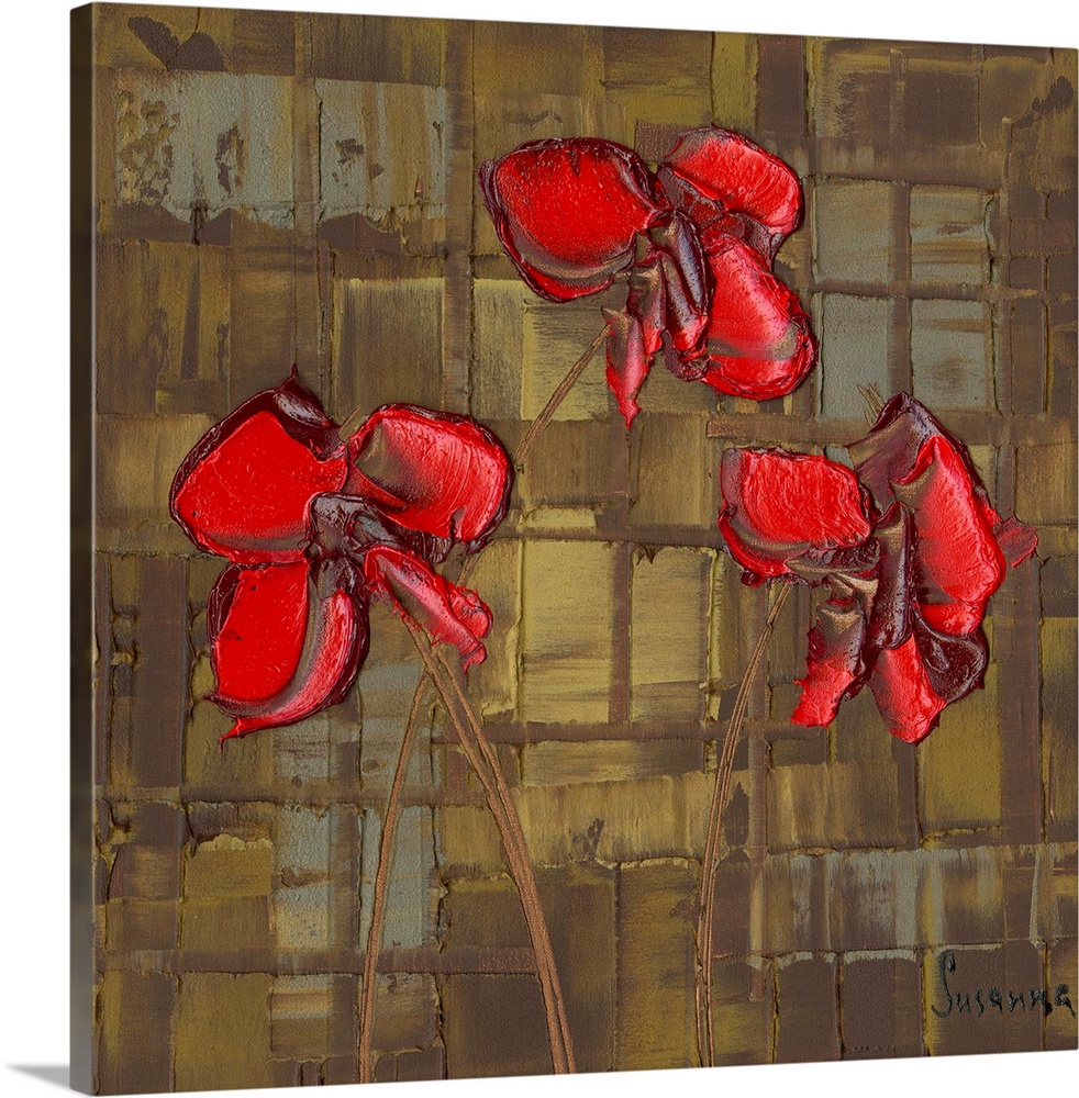 Contemporary painting of three bright red poppies on a brown, gray, and gold textured background with a grid-like pattern.