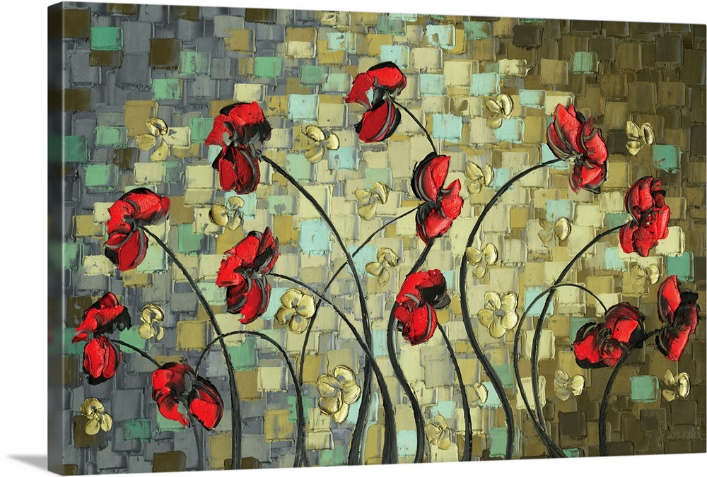 Abstract painting with red poppy flowers and small gold flowers on a background created with layered square in green, gold...