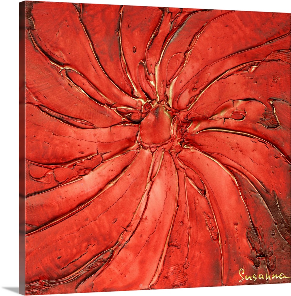 Square abstract painting with thick curved lines meeting together at a circle in red a gold hues.