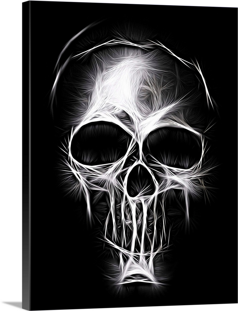Black and white digital illustration of a skull with electrifying lines.