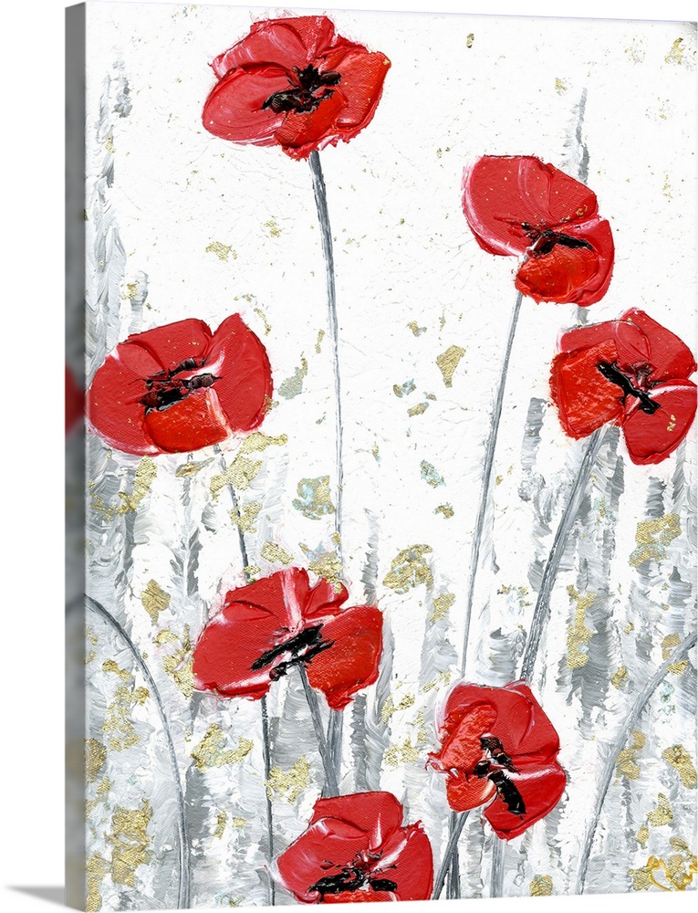 Red Poppy Flowers on white and gray background with metallic gold all over.