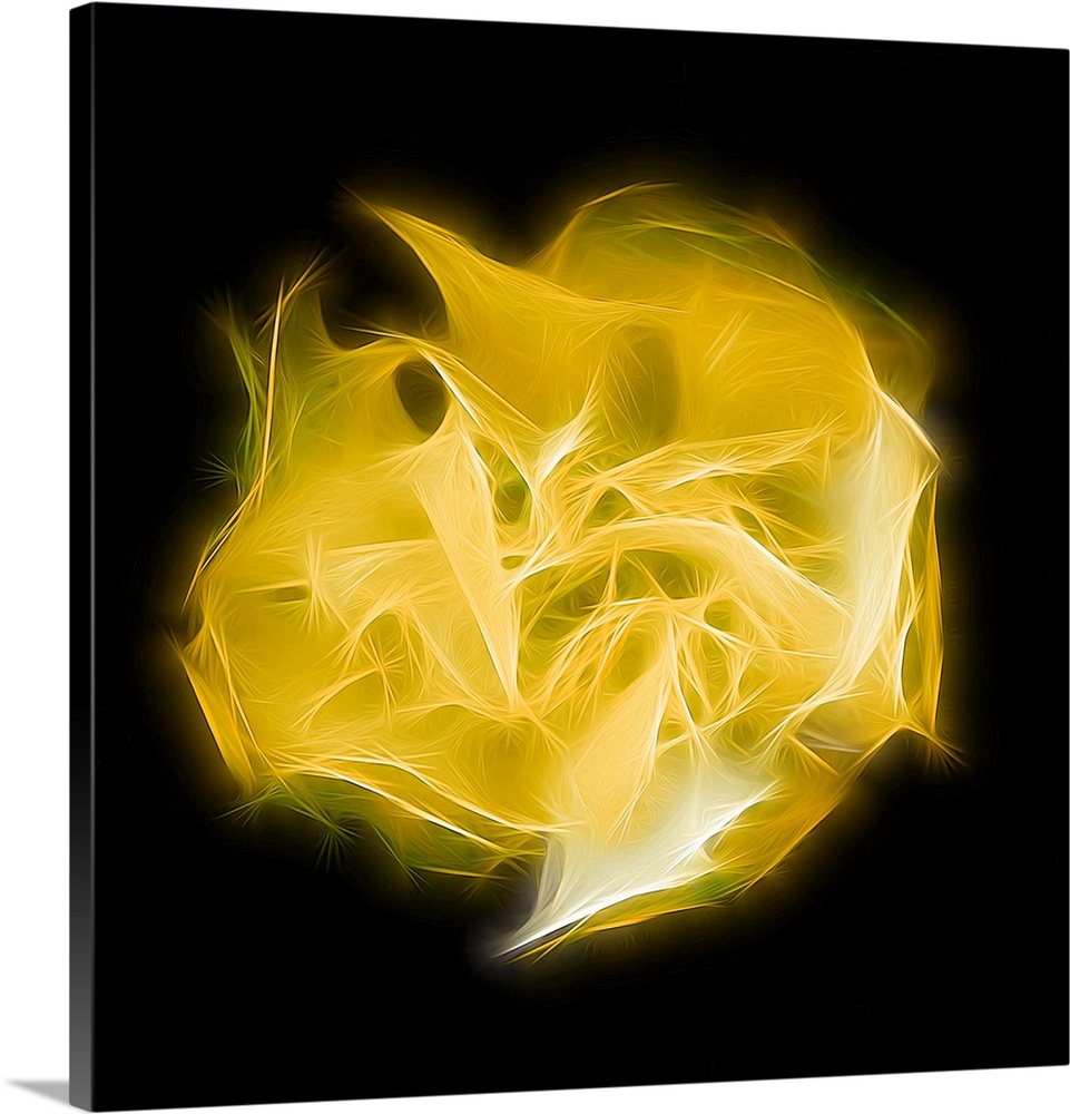 Square digital art with a bright yellow shape representing chakra, made with intertwining lines in the center of a solid b...