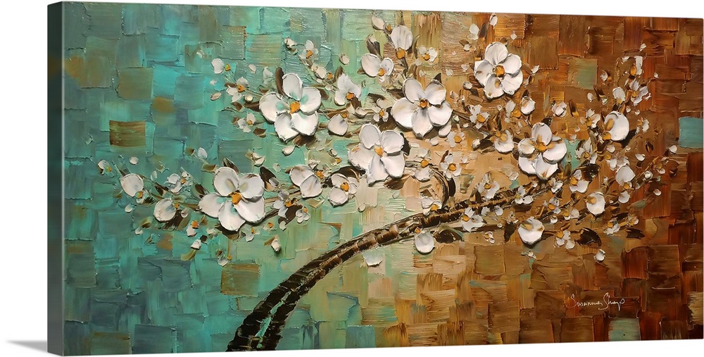 Contemporary painting of a branch filled with white flowers on a teal, orange, and cream background created with layered s...