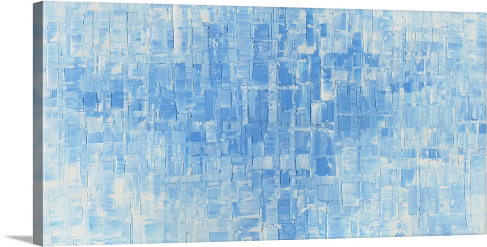 Large abstract painting with square and rectangular shapes in light blue and white hues.