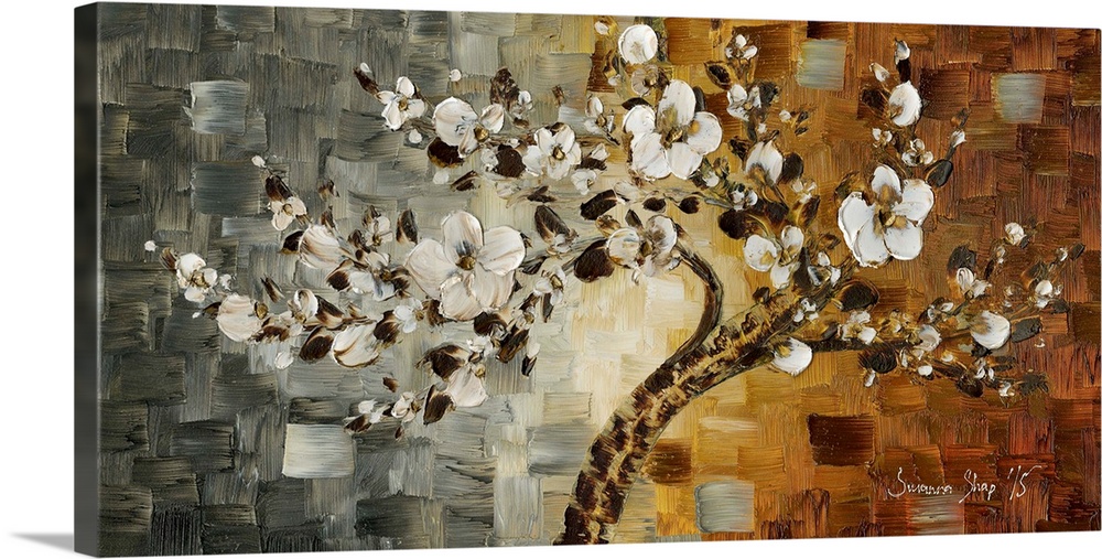 Contemporary painting of a white blossom cherry tree on a textured background created with gray, white, yellow, and bronze...