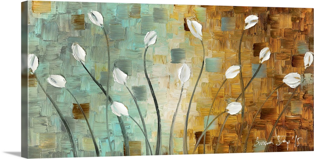 Contemporary painting of white tulips with long stems on a textured background created with blue, yellow, and brown hues.
