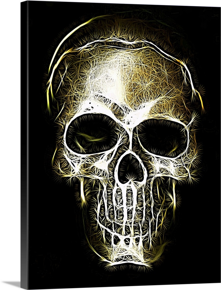 Black, gold, and white digital illustration of a skull with woven detailed textures.