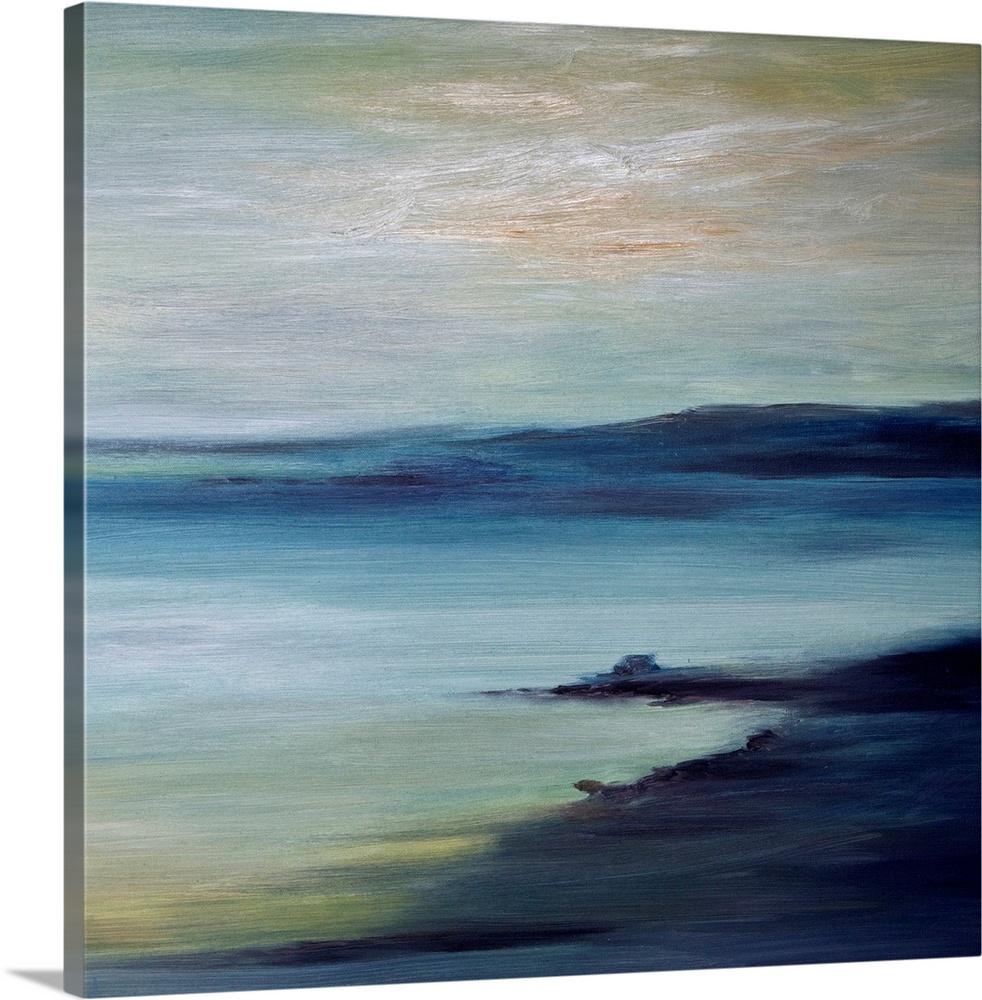 A large piece of contemporary artwork of a painted coast with land protruding into the water in the distance.